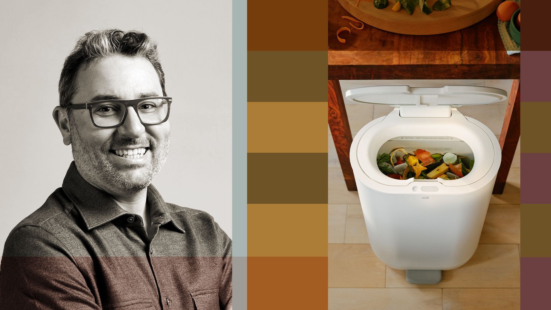 Photo illustration of Matt Rogers and an image of the Mill product surrounded by abstract shapes.