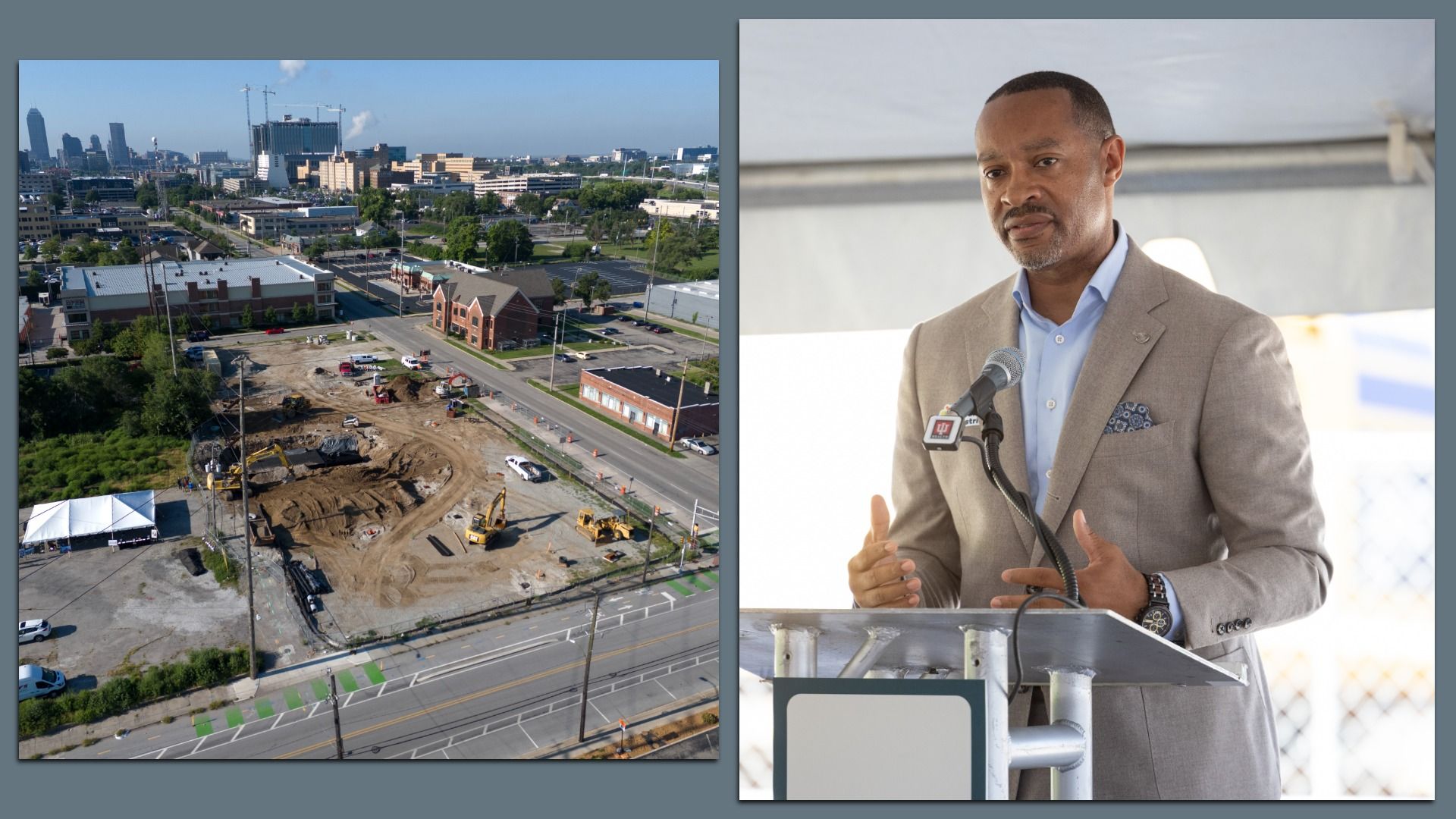 Left aerial view of a city construction site with vehicles and equipment, buildings in background; right a man in a tan suit speaking at a podium with microphones under a tent.