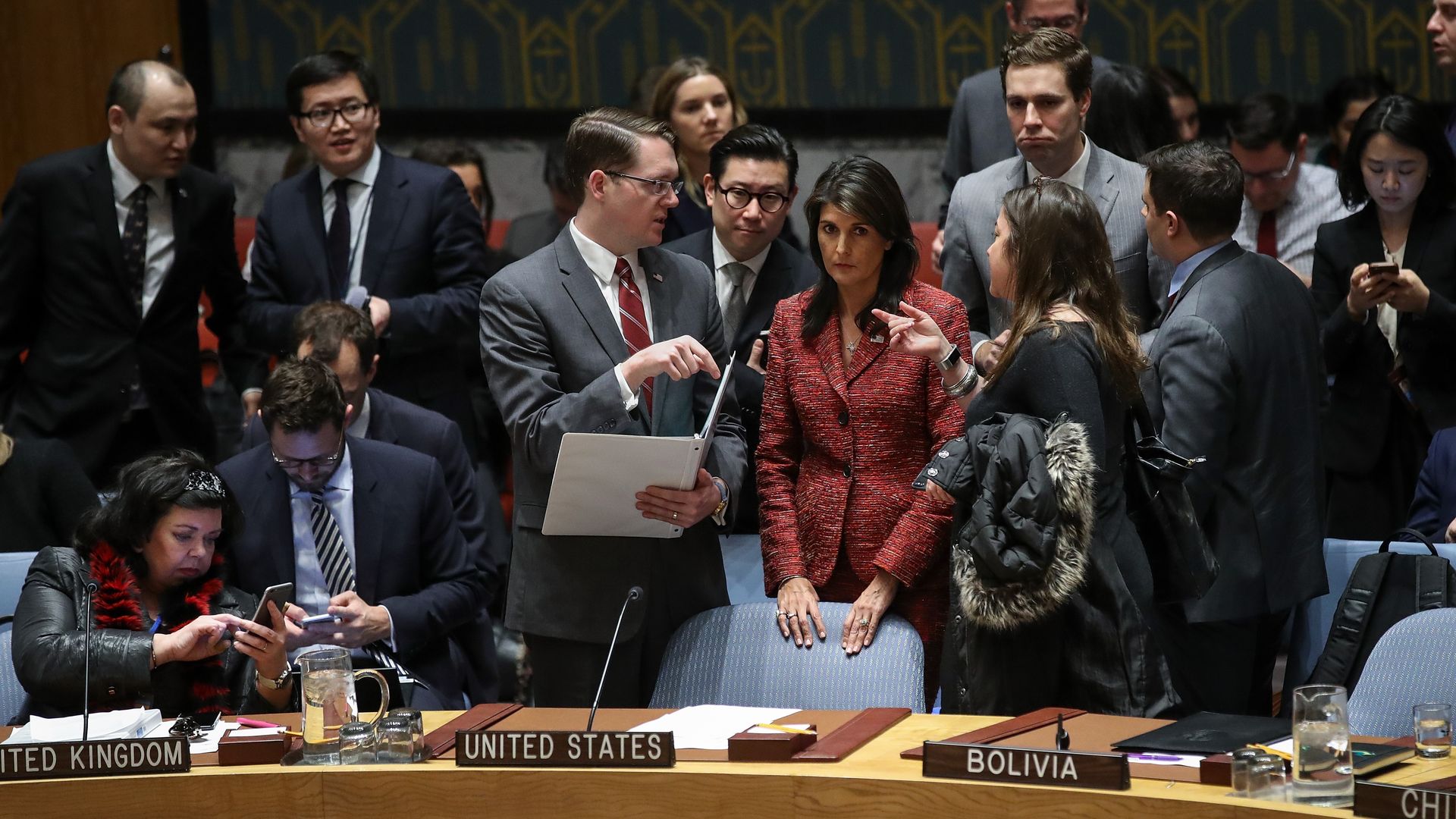 United States Ambassador to the United Nations Nikki Haley confers with members of the U.S. delegation at the start of a United Nations Security Council meeting regarding the situation in Syria