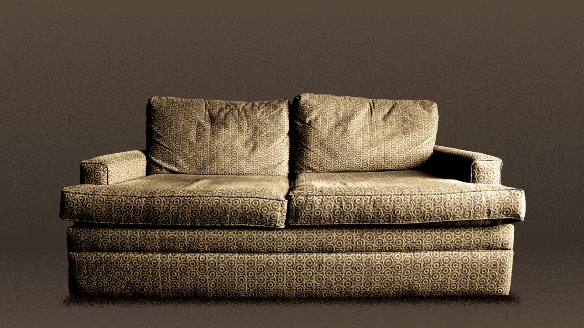 Animated illustration of a drab couch, over which some sparkles pass, leaving a nicer, pink couch.