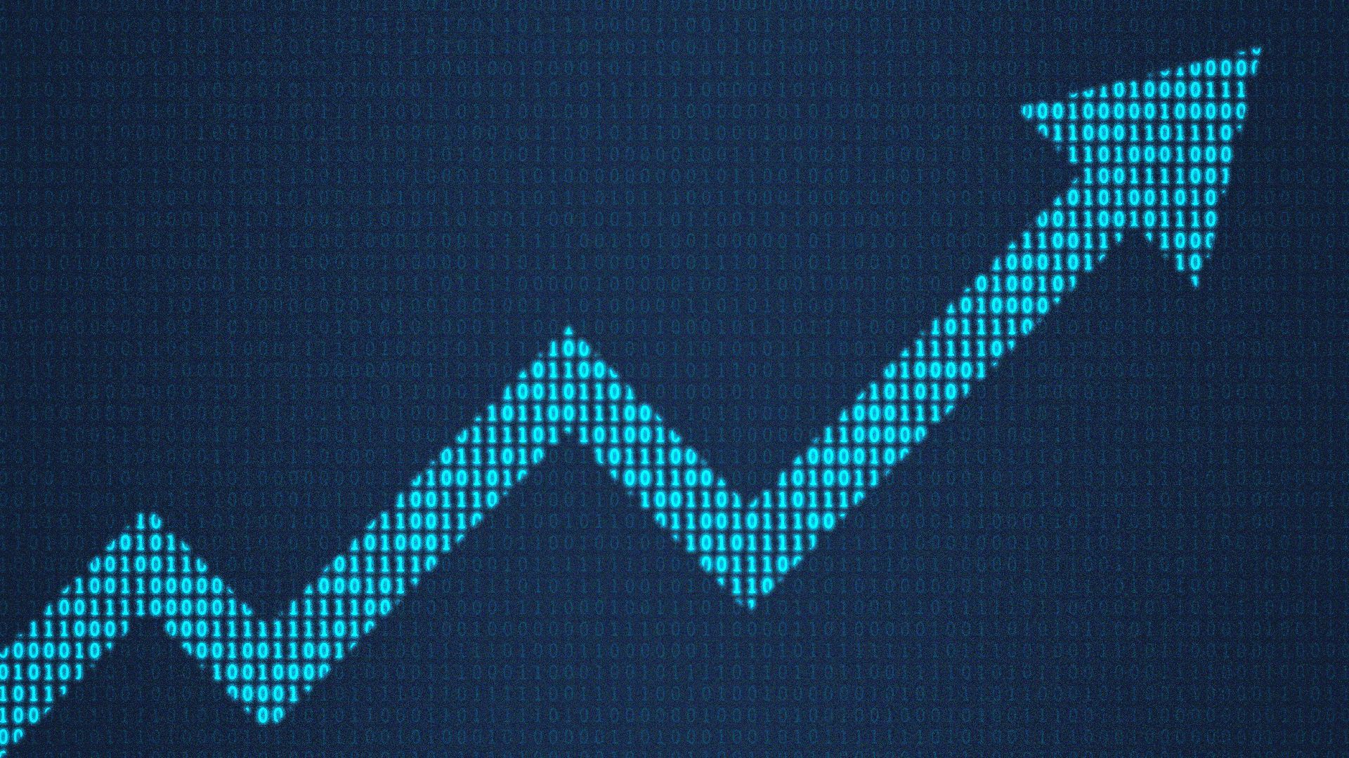 an illustration of an upward climbing arrow created out of glowing binary code