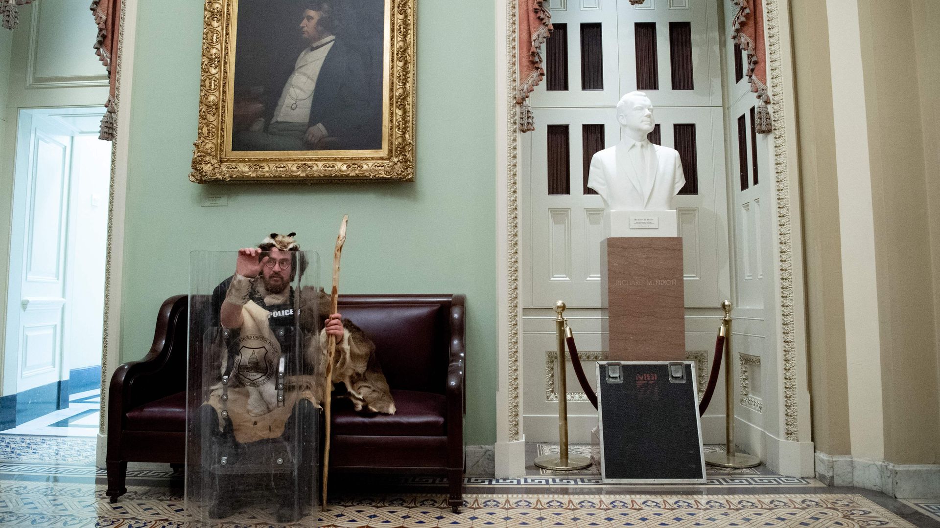 Aaron Mostofsky, a supporter of US President Donald Trump protests in the US Capitol on January 6, 2021, in Washington, DC.
