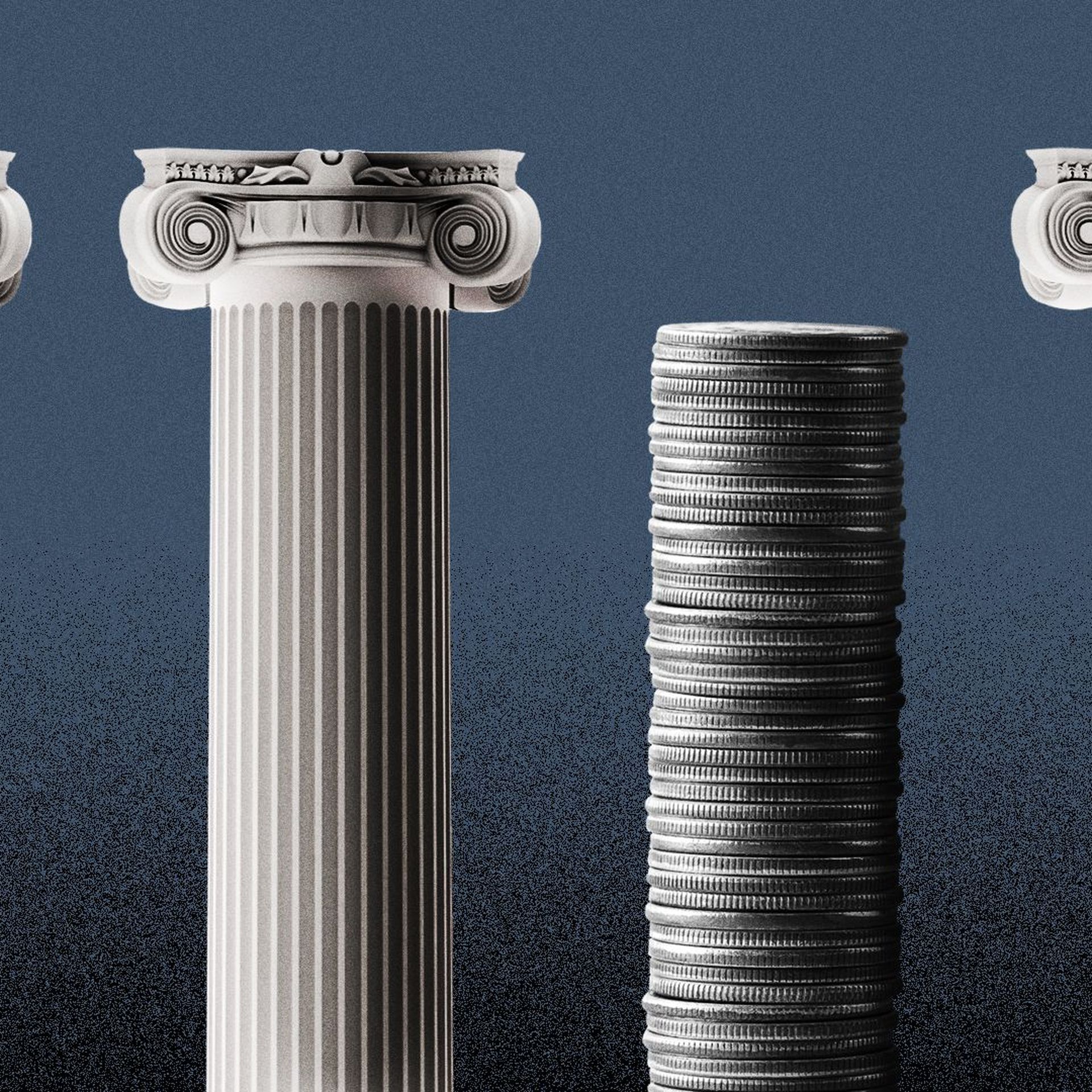 Illustration of Supreme Court columns, with one replaced with a stack of quarters.