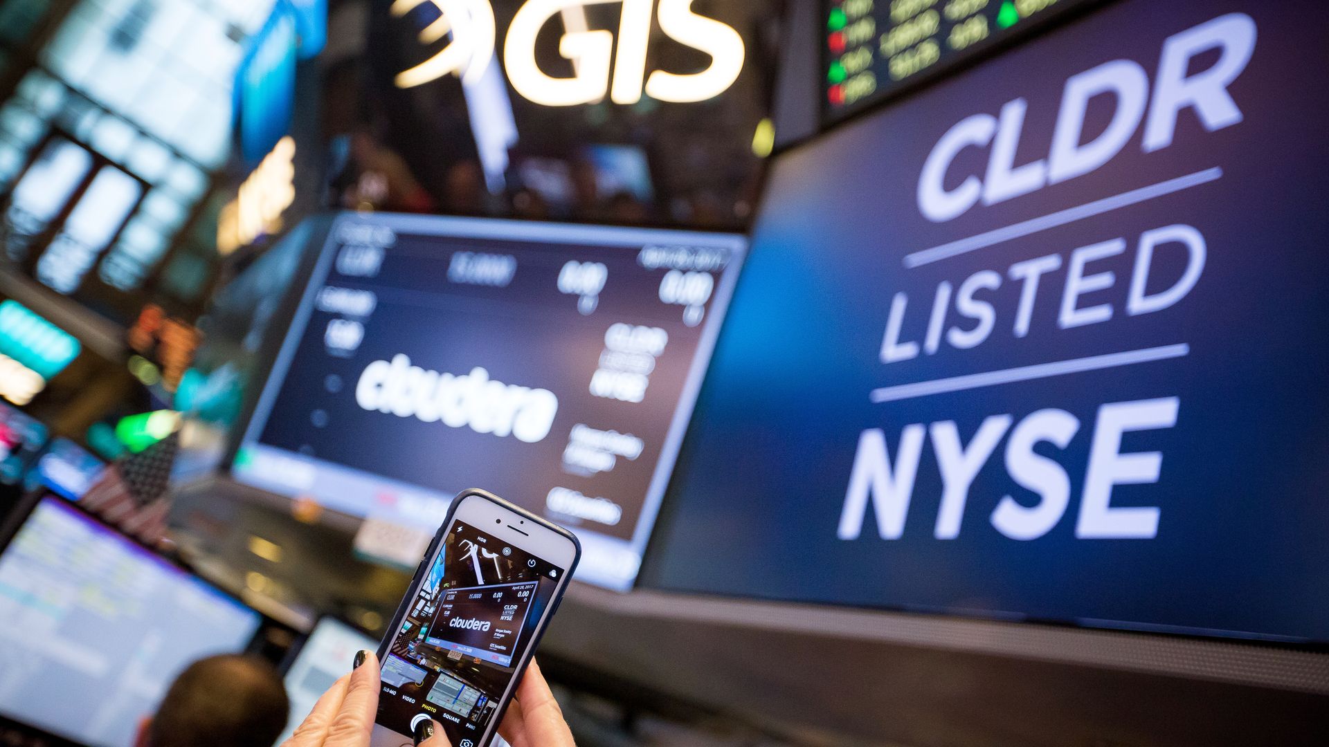 The Cloudera ticker symbol on a new york stock exchange screen