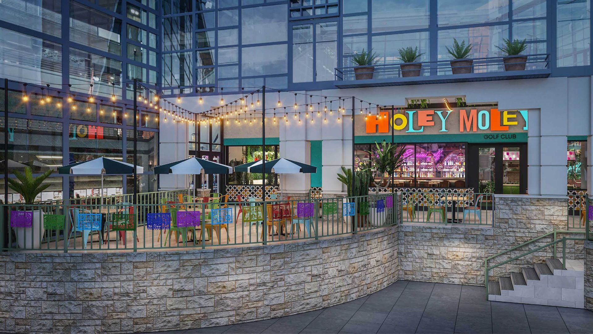 Rendering of a colorful front of the Holey Moley entrance.
