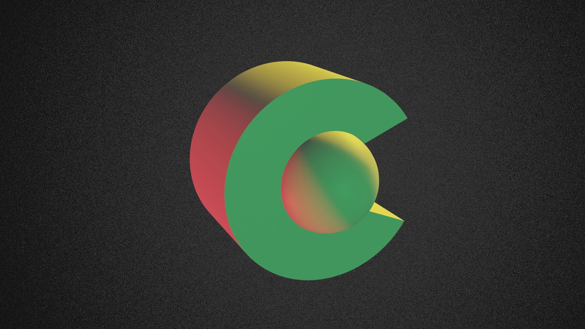 Illustration of the C and sun from the Colorado flag lit by red, green and yellow lights.