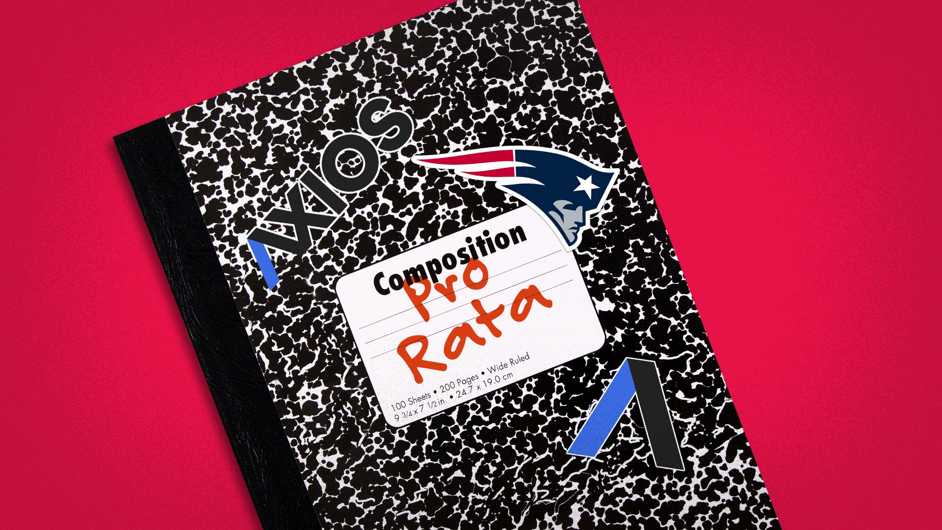 Illustration of a composition notebook with "Pro Rata" written on the cover, and the Patriots logo. 