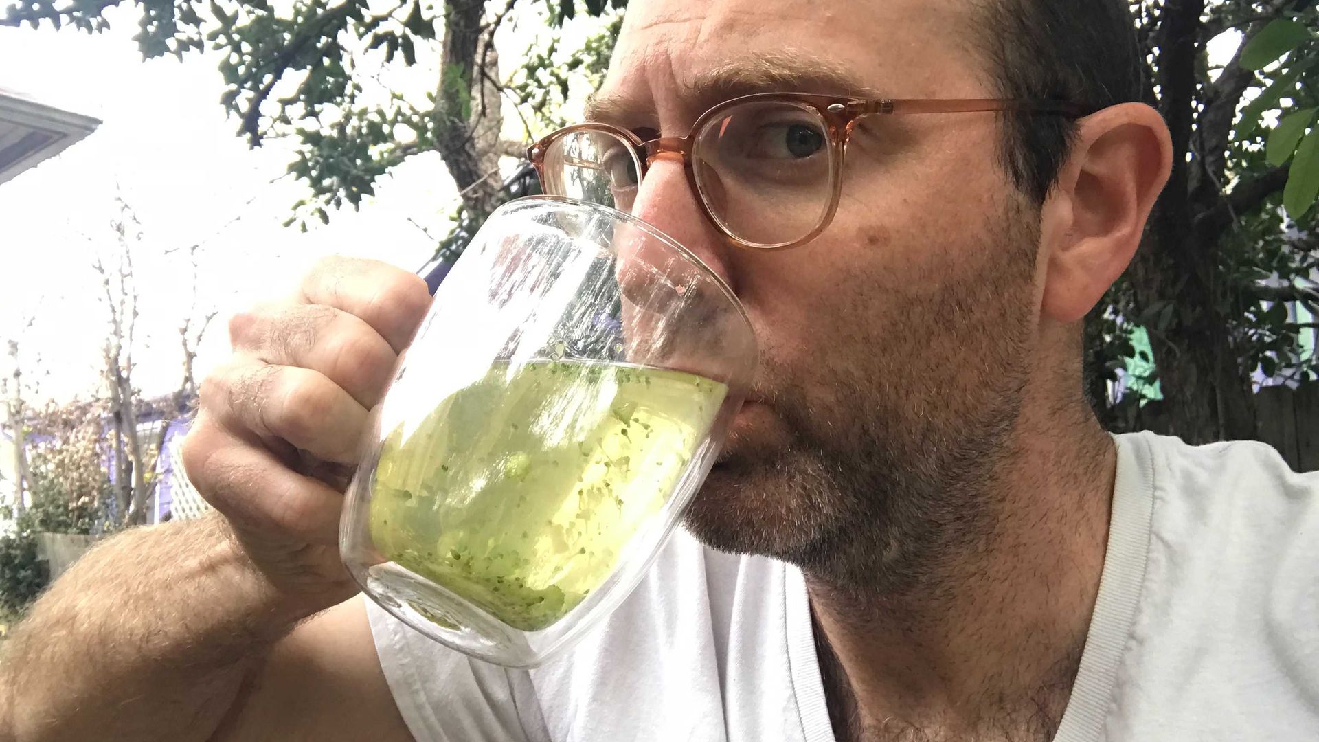 Asher Price drinking broccoli tea