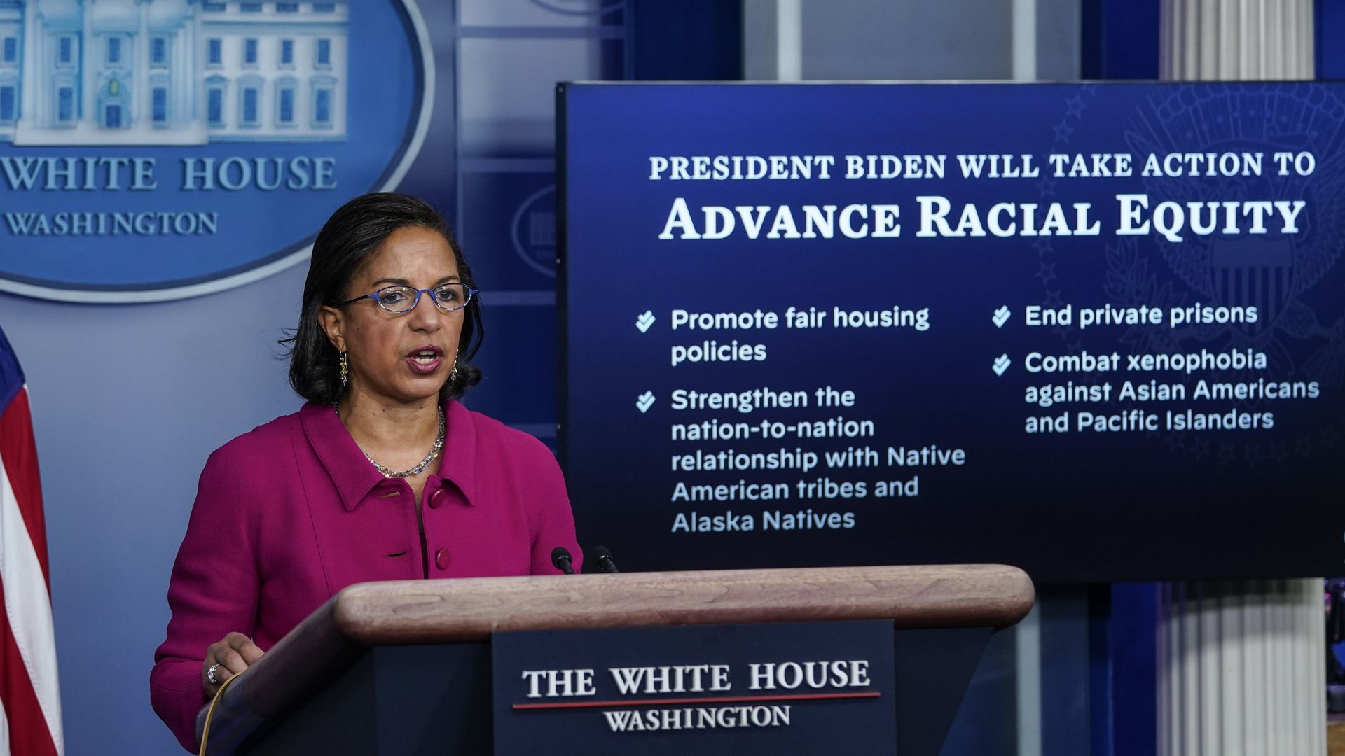 Domestic Policy Advisor Susan Rice speaks during the daily press briefing at the White House on January 26, 2021 in Washington, D.C.