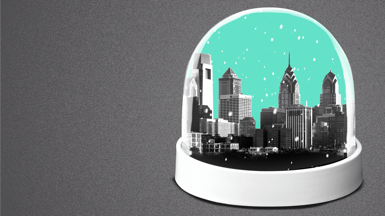 Illustration of a snow globe with the Philadelphia skyline inside it.