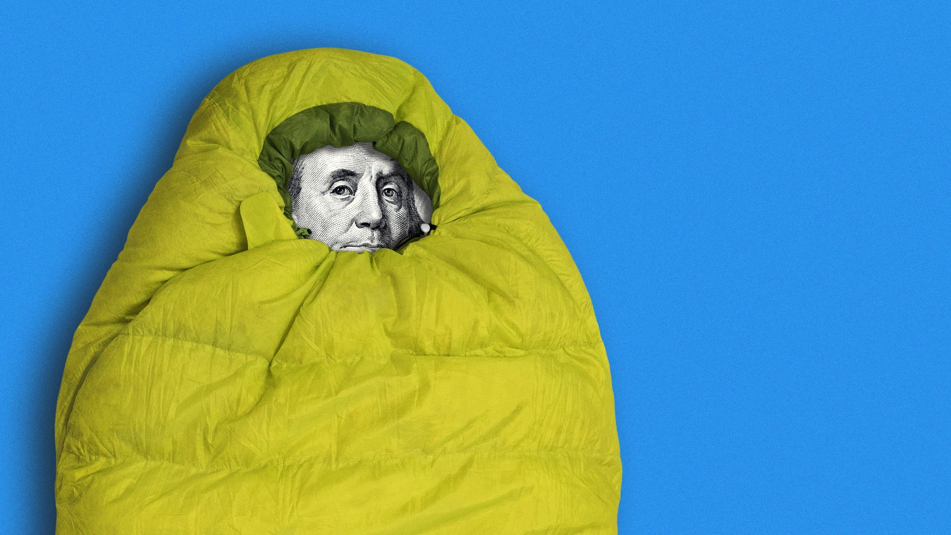 Illustration of Benjamin Franklin inside a green sleeping bag.