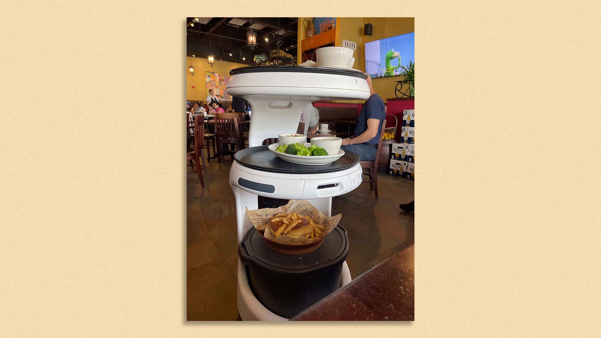 A robot server at a restaurant.