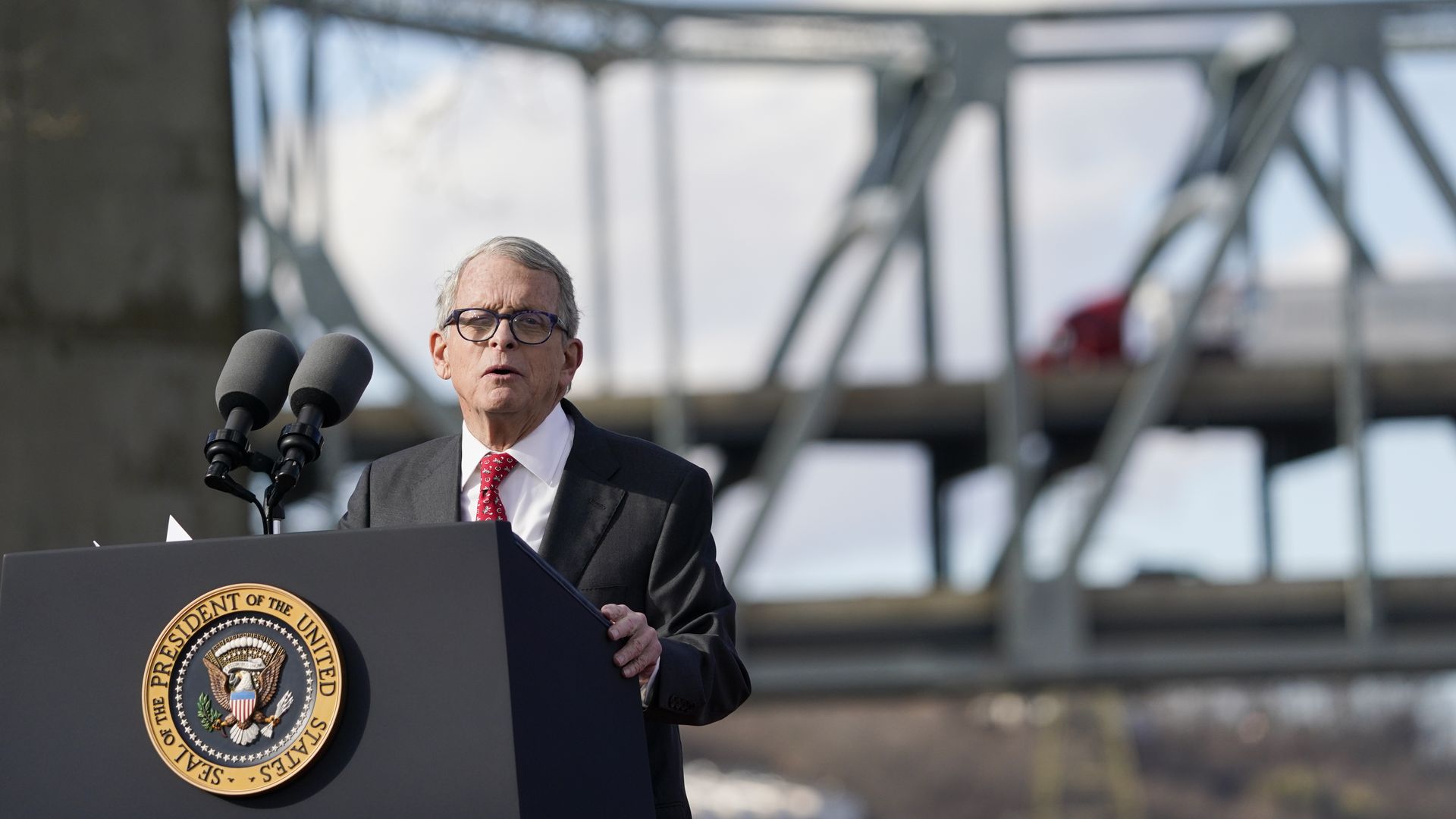 Ohio Gov. Mike DeWine (R) speaking in Covington, Kentucky, in January 2023.