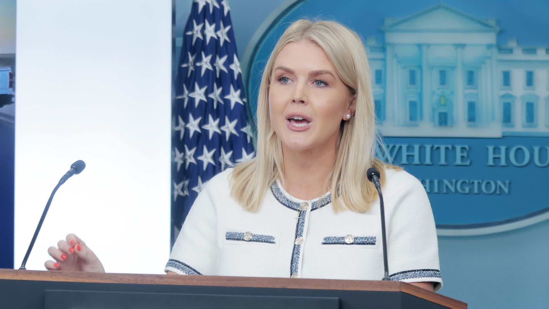 White House Press Secretary Karoline Leavitt speaks during a press briefing in the Brady Press Briefing Room at the White House on July 17, 2025 in Washington, DC. 