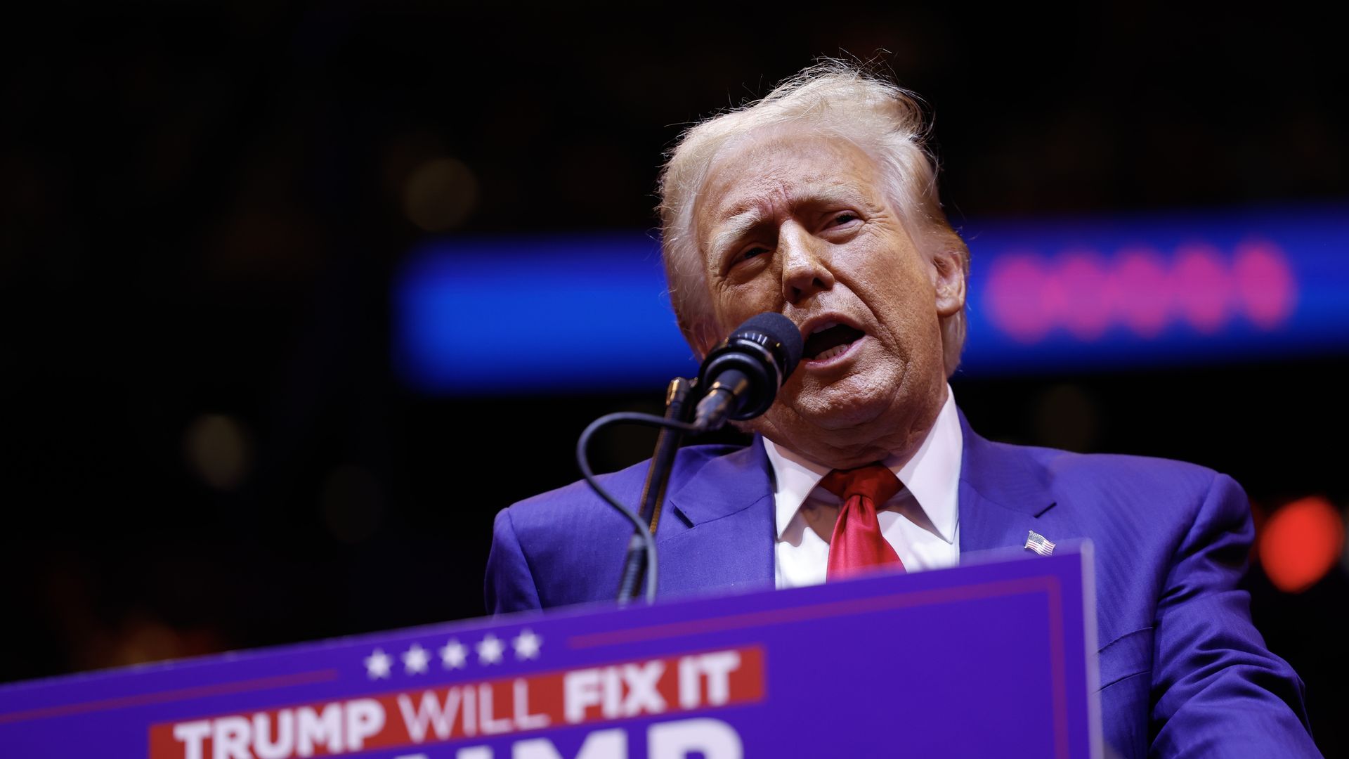 Republican presidential nominee, former President Donald Trump, speaks at the campaign rally at Madison Square Garden on October 27, 2024 in New York City. Trump closed out his weekend of campaigning in New York City with a guest list of speakers that includes his running mate Republican Vice Presid