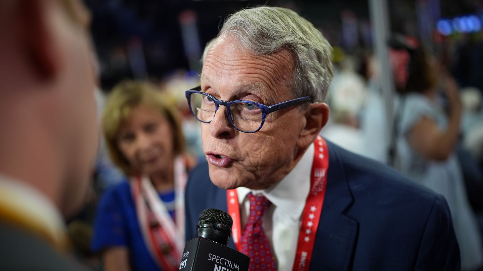 Ohio governor Mike DeWine speaks to the press on the first day of the Republican National Convention at the Fiserv Forum on July 15