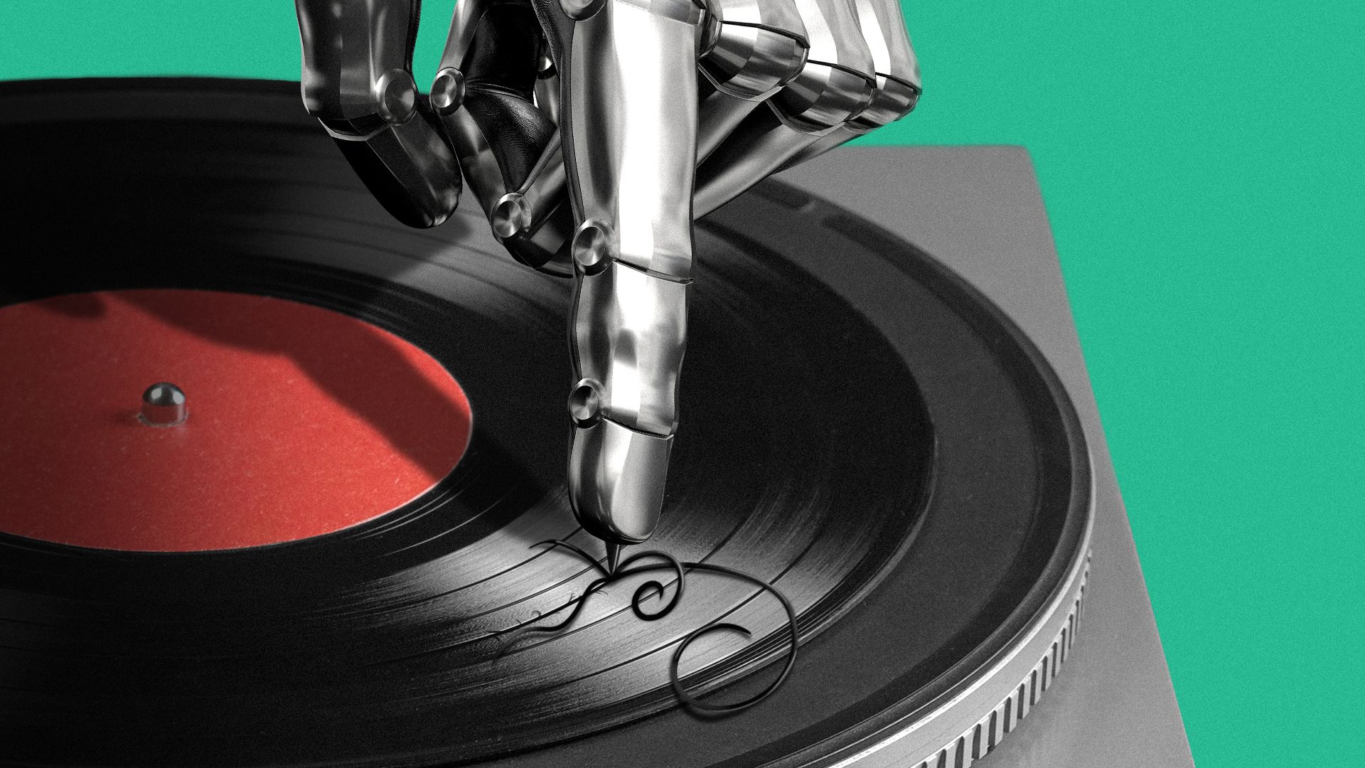 Illustration a needle on a robot's hand scratching a vinyl record.