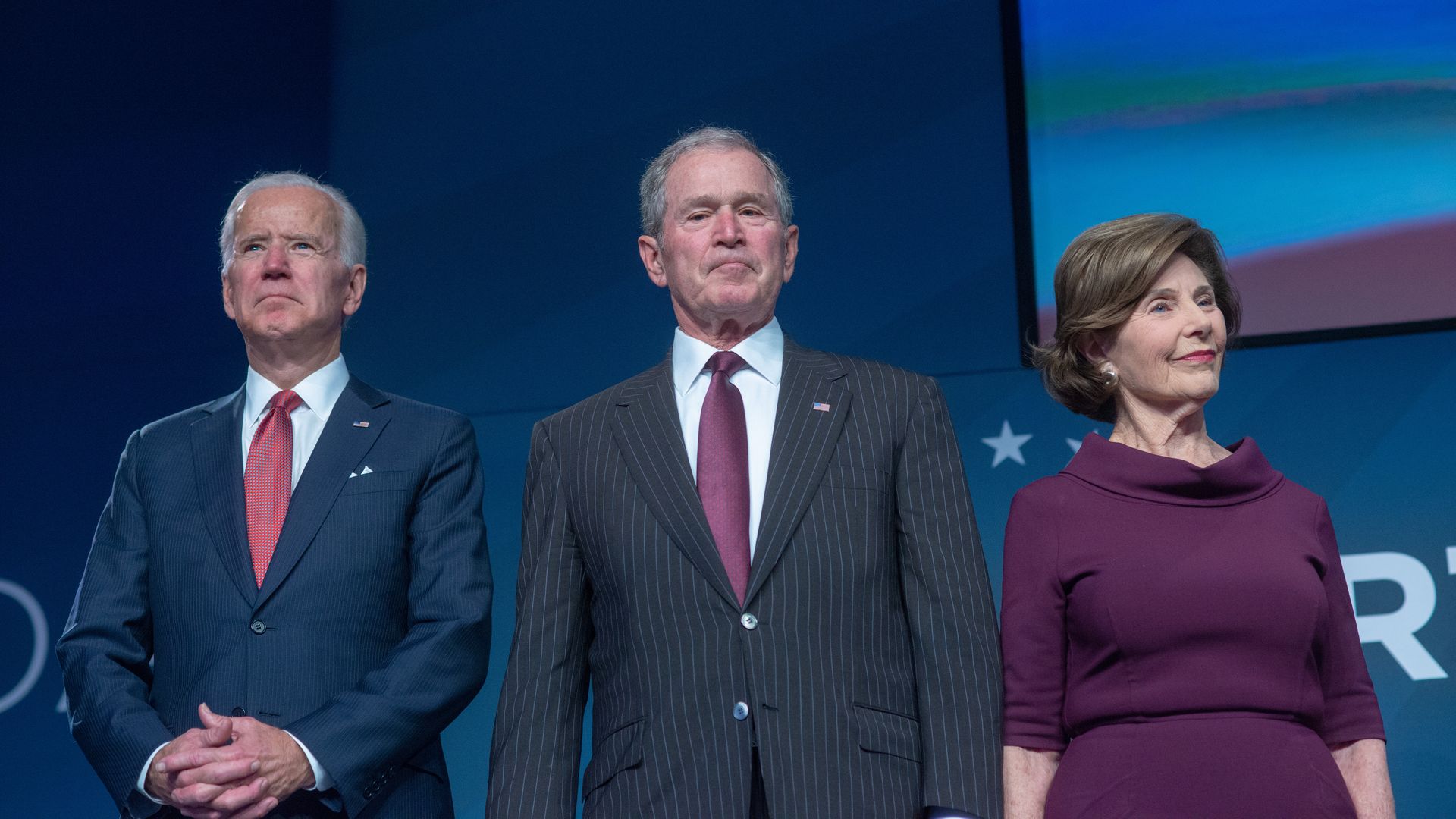 Former Vice President Joe Biden presents George W. Bush and Laura Bush the 2018 Liberty Medal at The National Constitution Center on November 11, 2018 in Philadelphia, Pennsylvania.