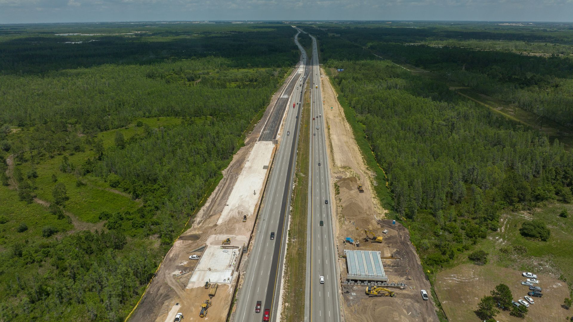 An aerial view of a wildlife underpass being built on Interstate 4.