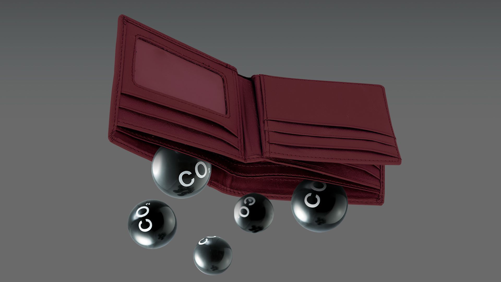 Illustration of an upside-down wallet pouring out carbon dioxide molecules