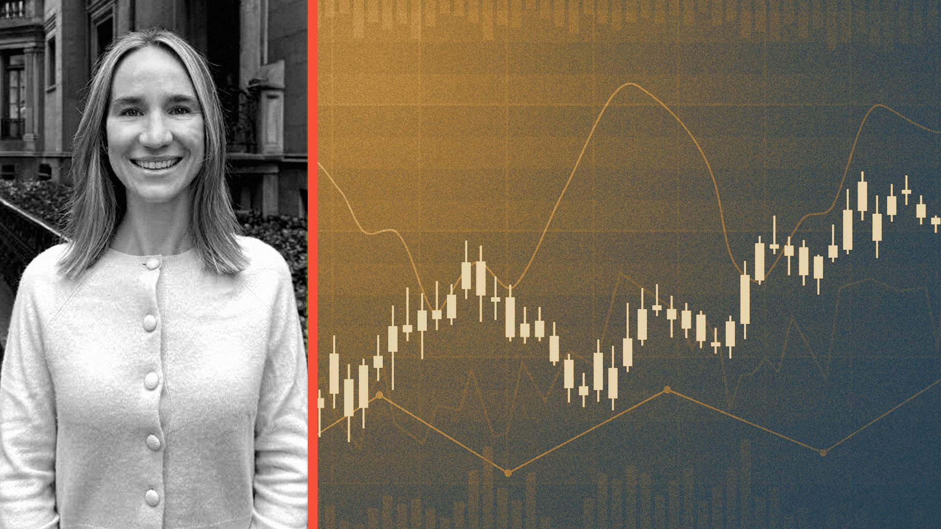 Photo illustration of Katherine Tercek next to multiple stock performance charts.