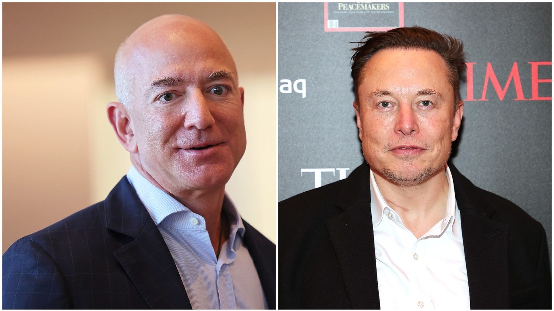 Combination images of billionaires Jeff Bezos and Elon Musk.