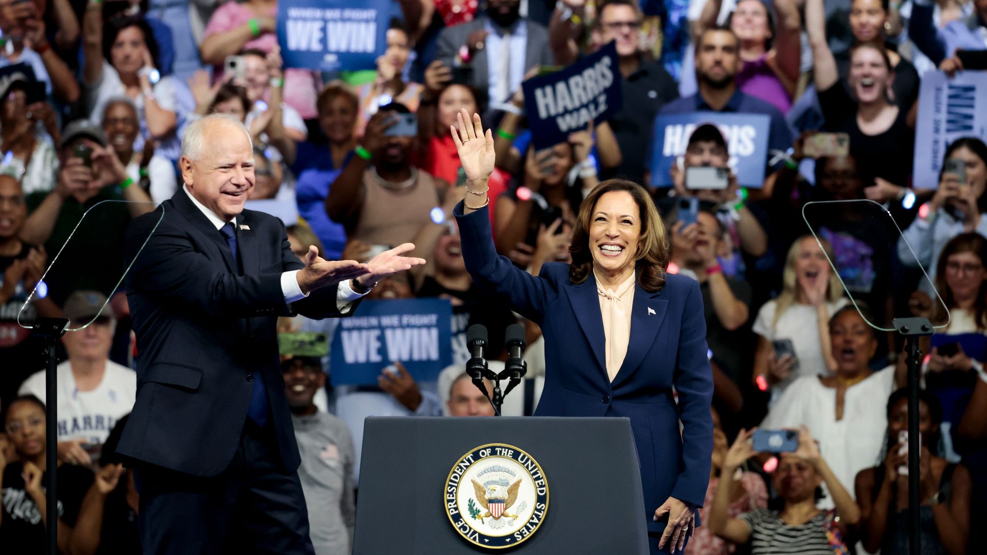 Ticket US Vice President Kamala Harris, right, and Tim Walz, governor of Minnesota and presumptive Democratic vice-presidential nominee, during a campaign event in Philadelphia, Pennsylvania, US, on Tuesday, Aug. 6, 2024. Harris tapped Walz as her running mate, enlisting him to build an electoral co