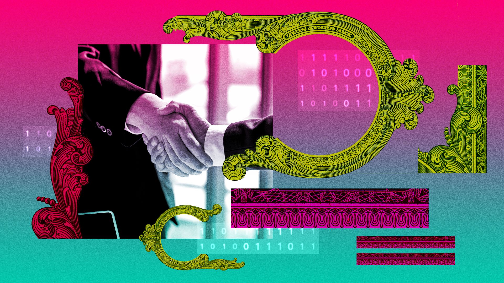 Photo illustration of a handshake surrounded by abstract money elements and binary code.