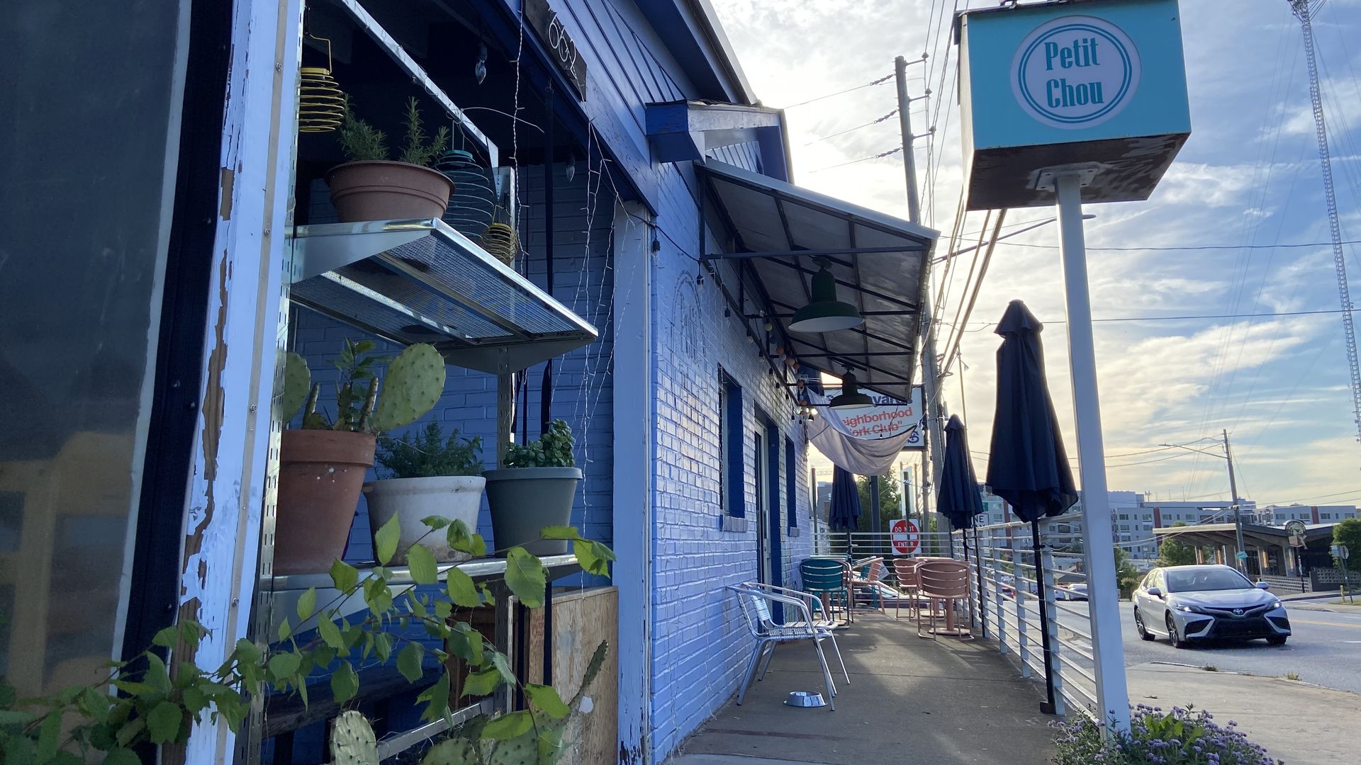 The outside of a purple-ish building with plants outside
