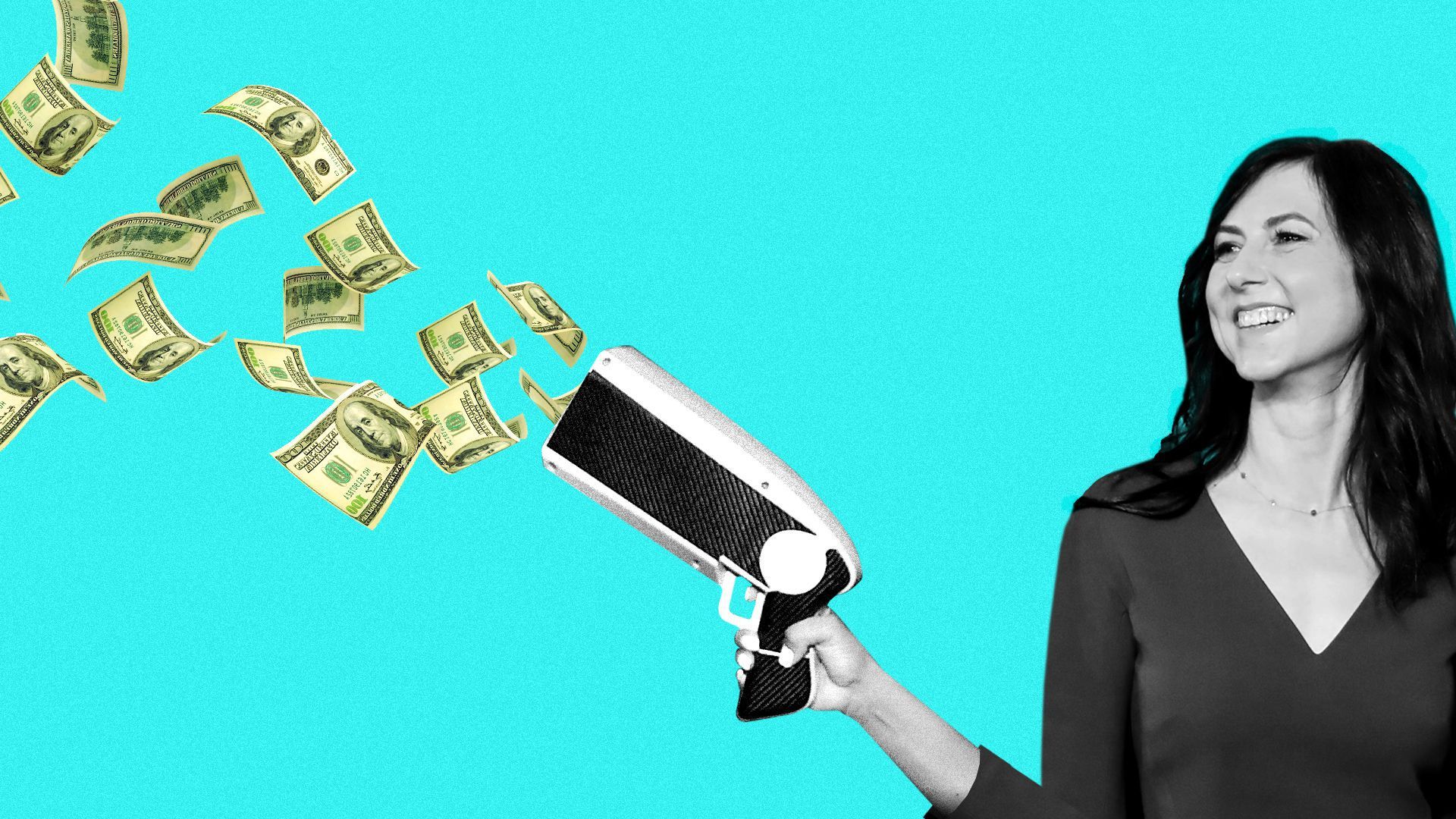 An illustration of Mackenzie Scott giving away money with a money gun. 
