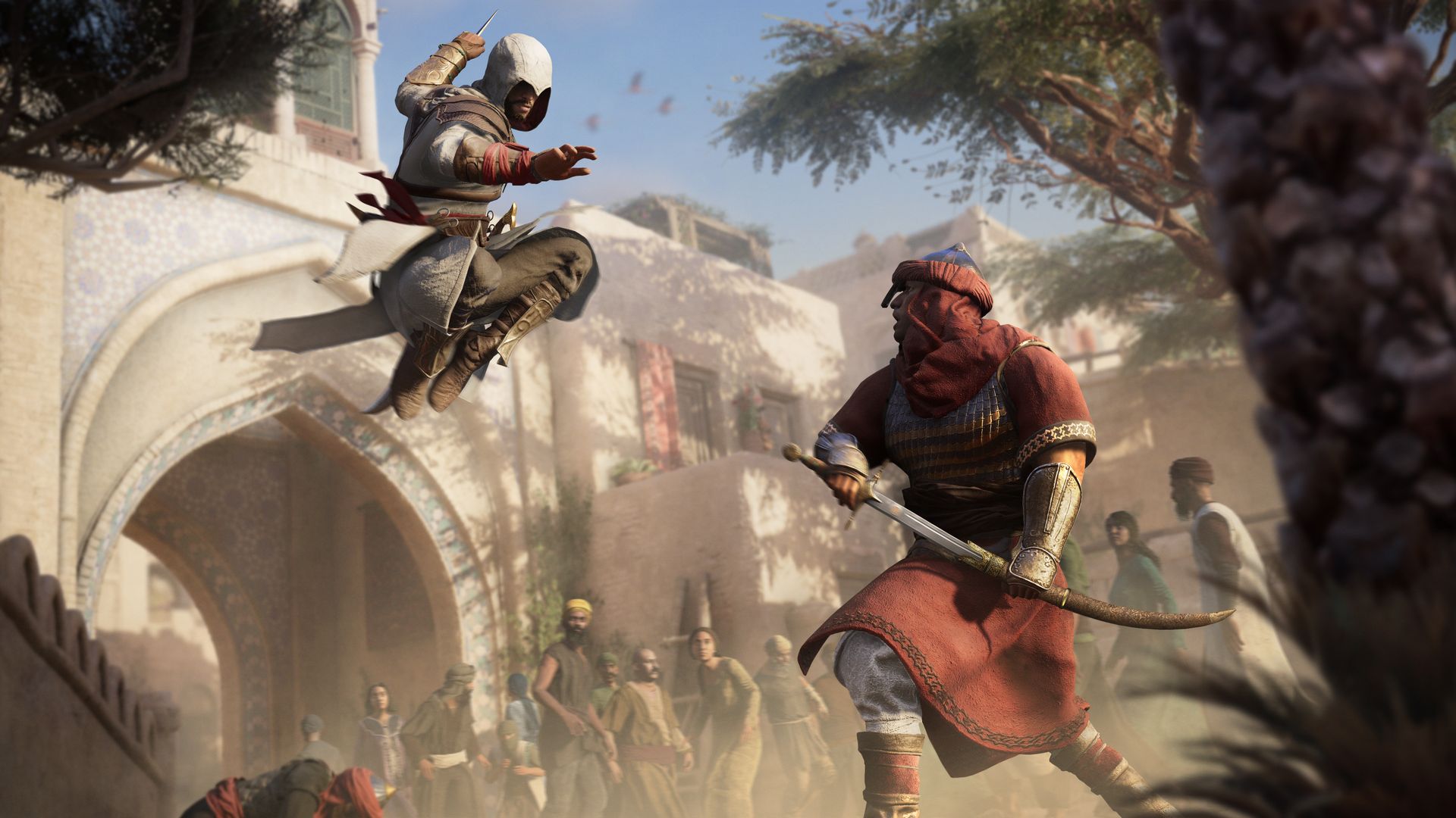 Video game screenshot of an assassin in 9th century Baghdad leaping at a man with a sword