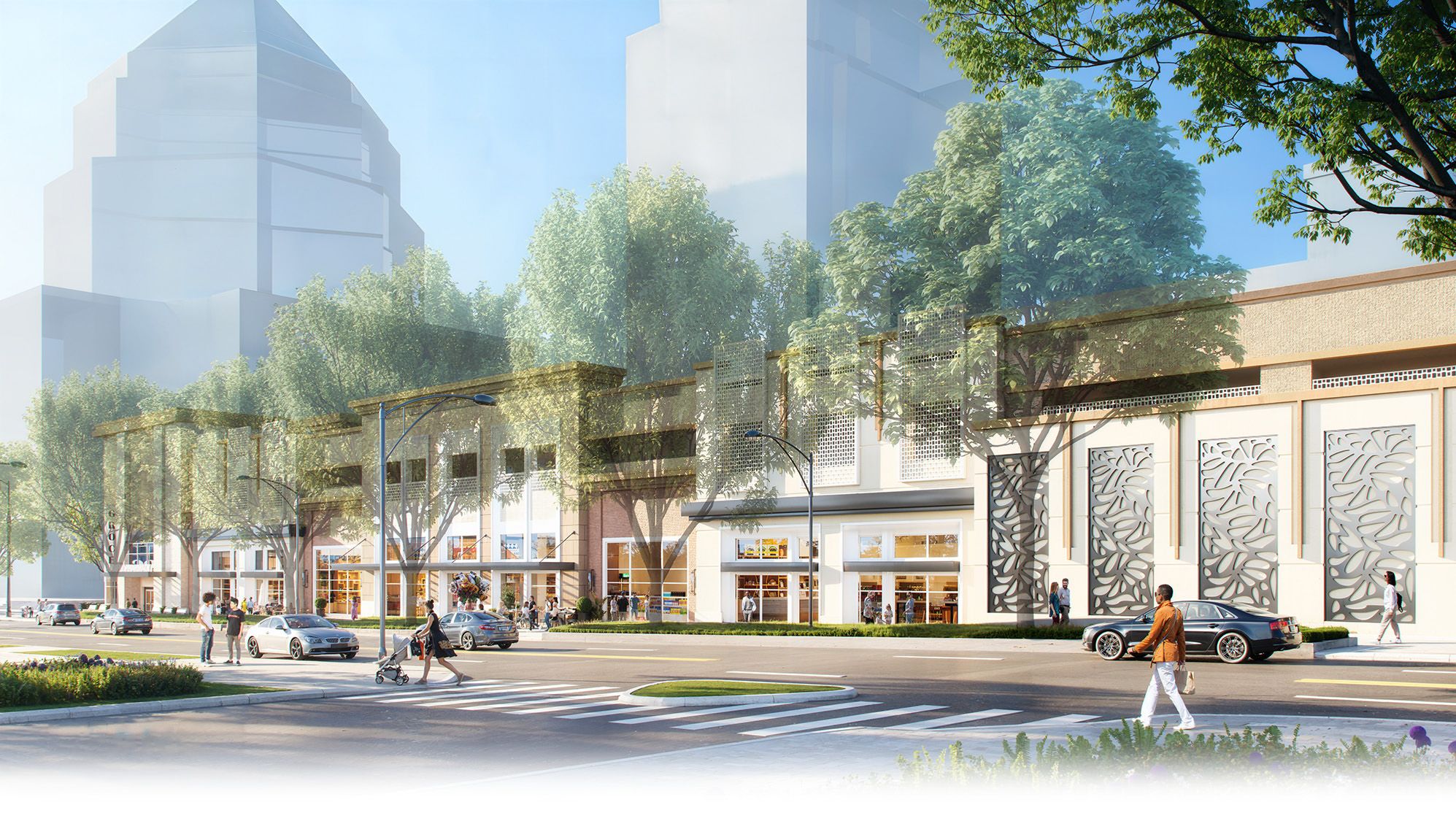 Urban street scene with people crossing, modern buildings with large windows and decorative panels, trees lining the sidewalk, and cars parked along the street on a sunny day.