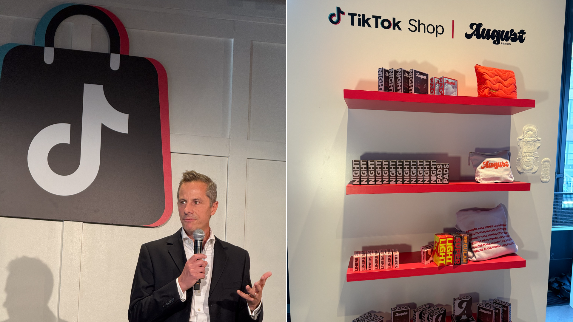 Two images side by side. Left is of Nico le Bourgeois speaking with a microphone in his hand. Right is of a display of products from August, a period care brand