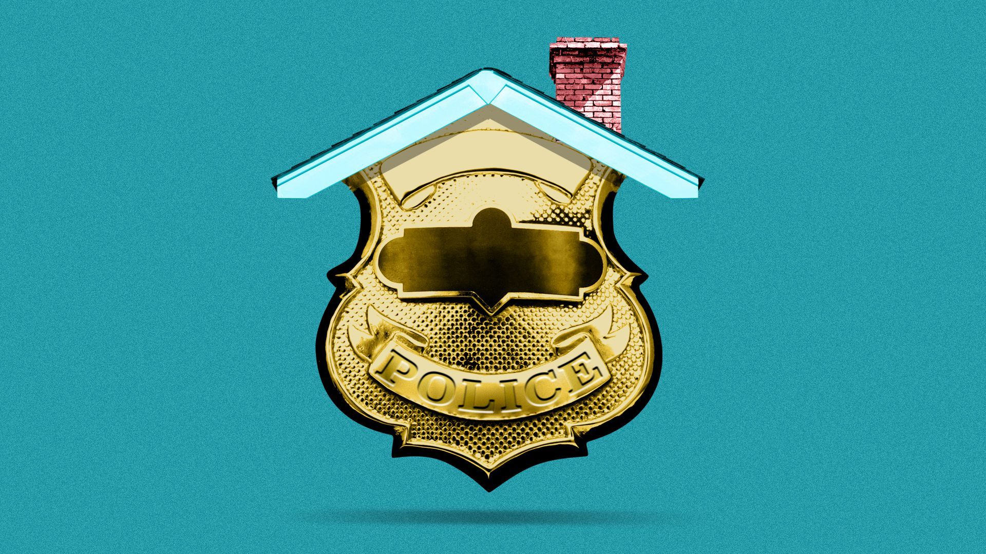 Illustration of a police badge with a roof and chimney on top of it.