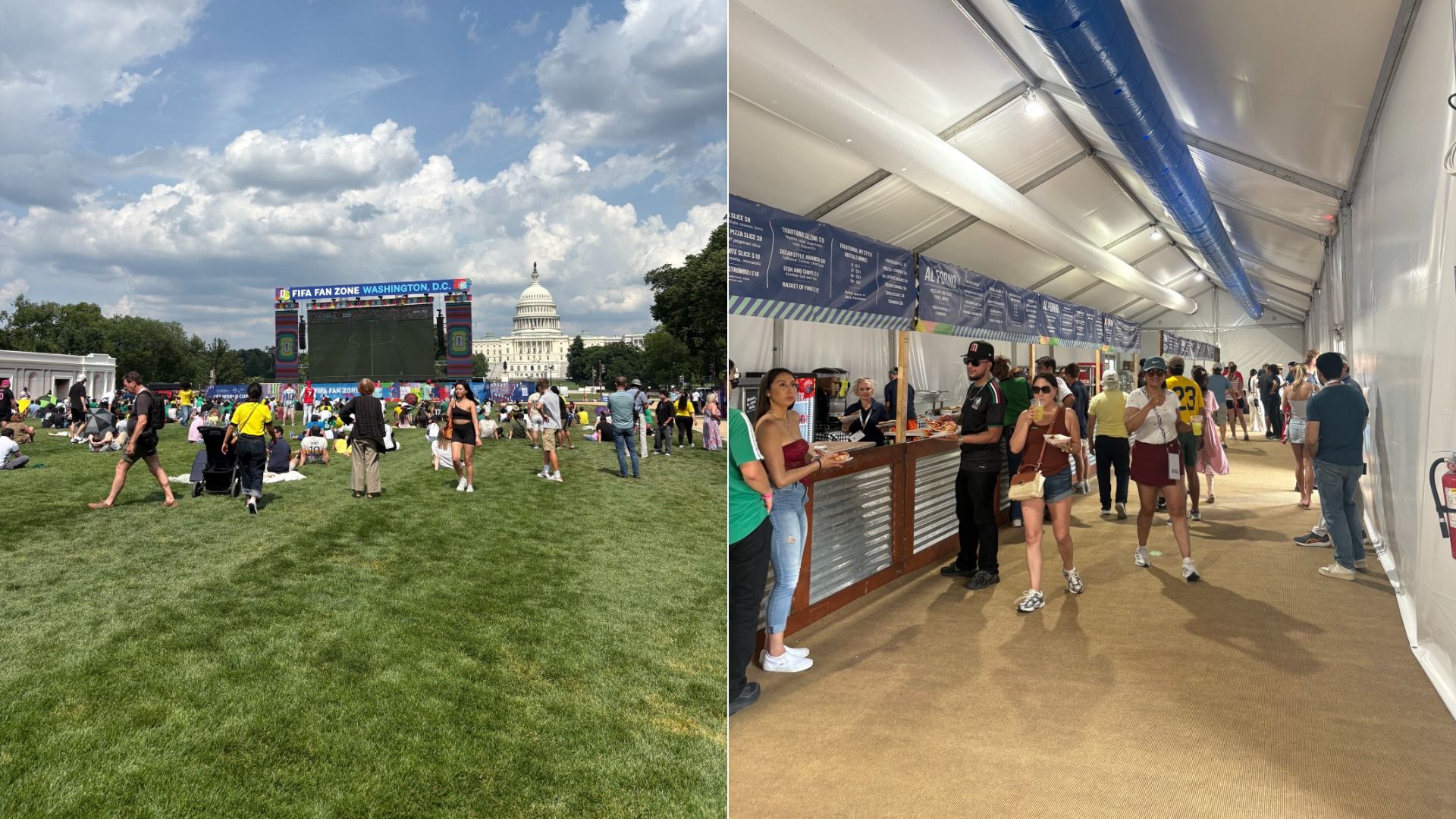 Split view: left shows a sunny park with a FIFA Fan Zone stage, crowd on the grass and the Capitol in the distance; right shows a long tent concession area with blue ducts and people queuing.