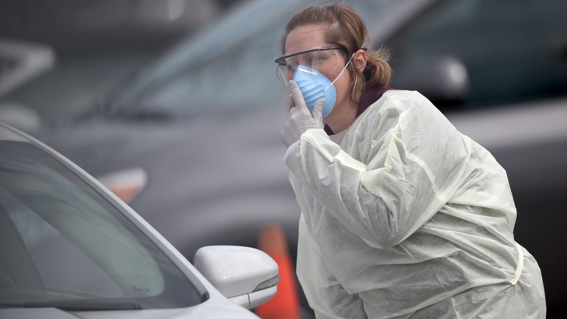 A photo of nurses screening patients for COVID-19 virus testing at a drive-up location outside Medstar St. Mary's Hospital on March 17, 2020 in Leonardtown, Maryland.