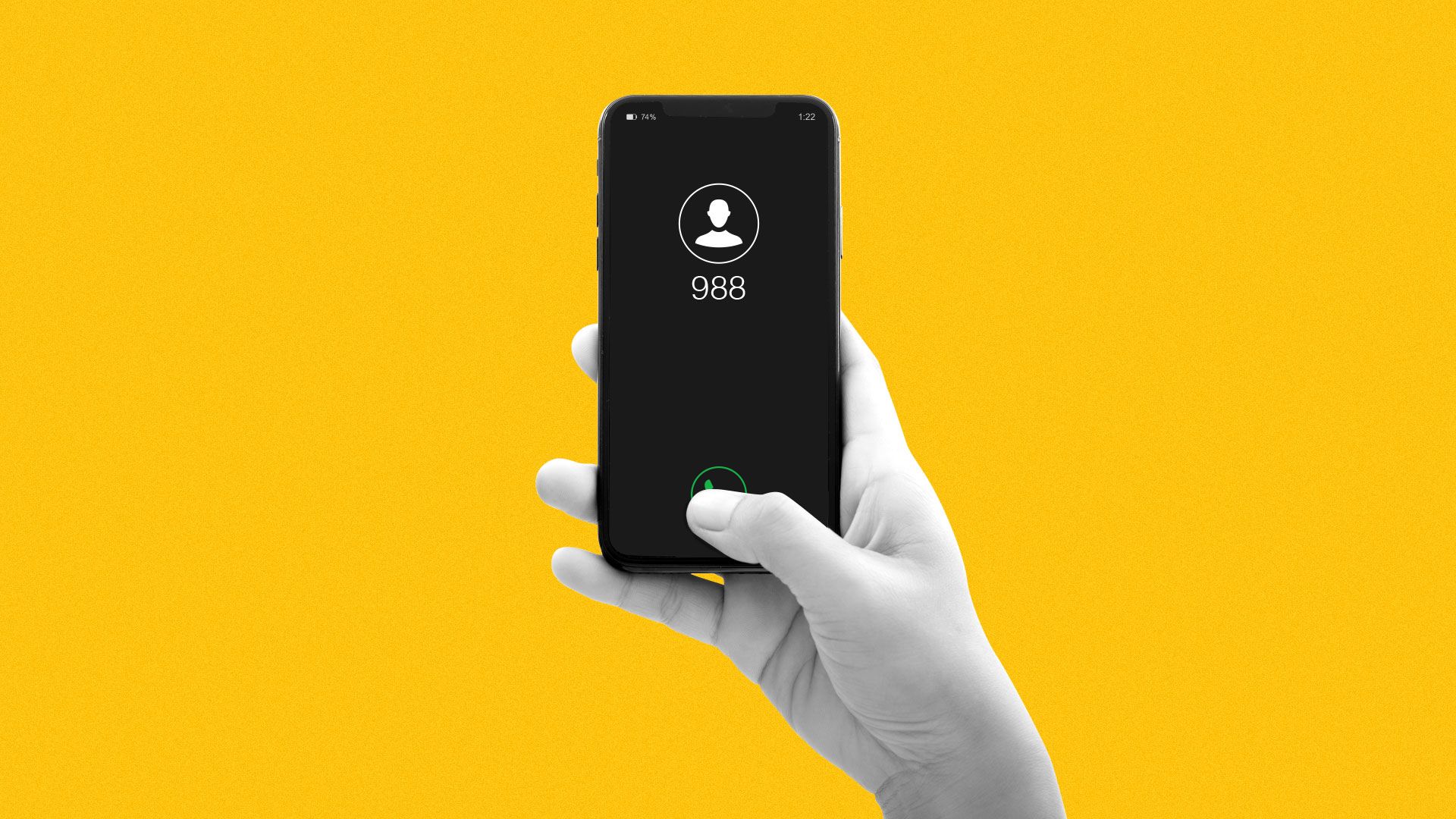Illustration of person dialing 988 on smartphone.