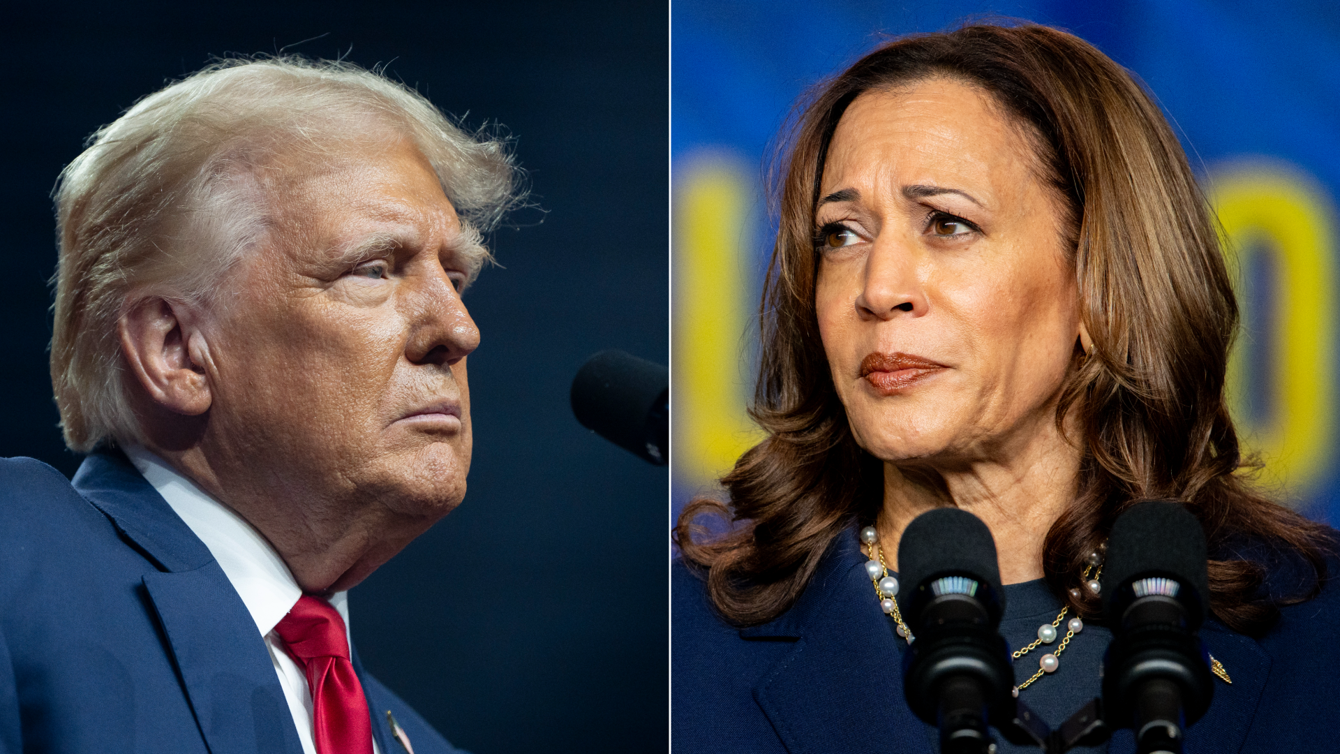 Side by side image of former President Trump and VP Harris. 