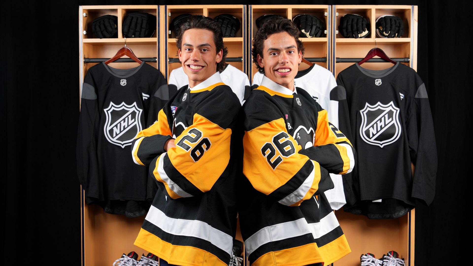 Markus Ruck, 39th overall of the Pittsburgh Penguins, and Liam Ruck, 22nd overall of the Pittsburgh Penguins, pose for a portrait during Day Two of the 2026 NHL Draft at KeyBank Center on June 27, 2026 in Buffalo, New York. (Photo by Andre Ringuette/NHLI via Getty Images)