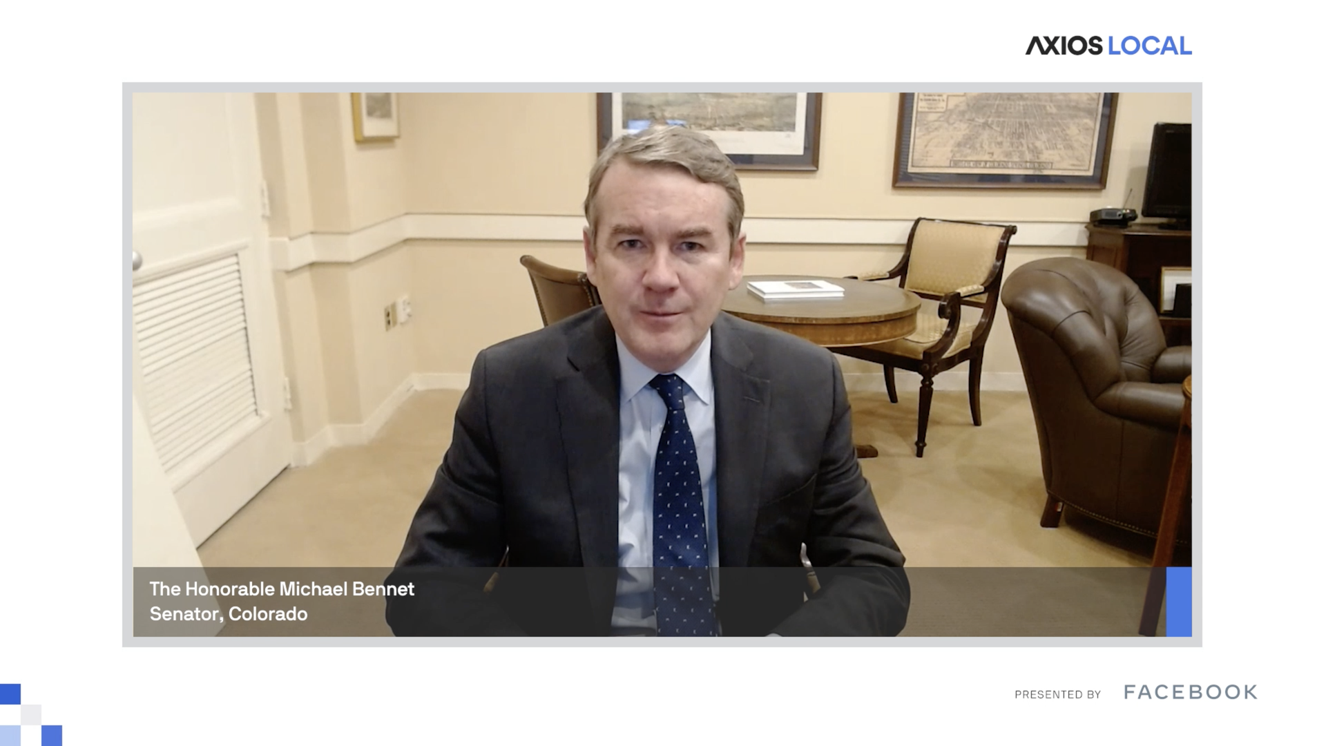 Colorado U.S. Sen. Michael Bennet appears on camera at a virtual Axios event.
