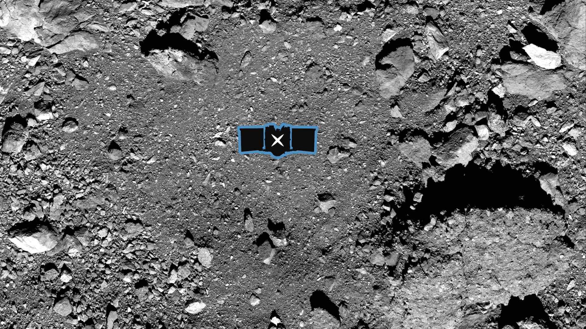 The sample site chosen by NASA on Asteroid Bennu, a grey asteroid with scattered boulders
