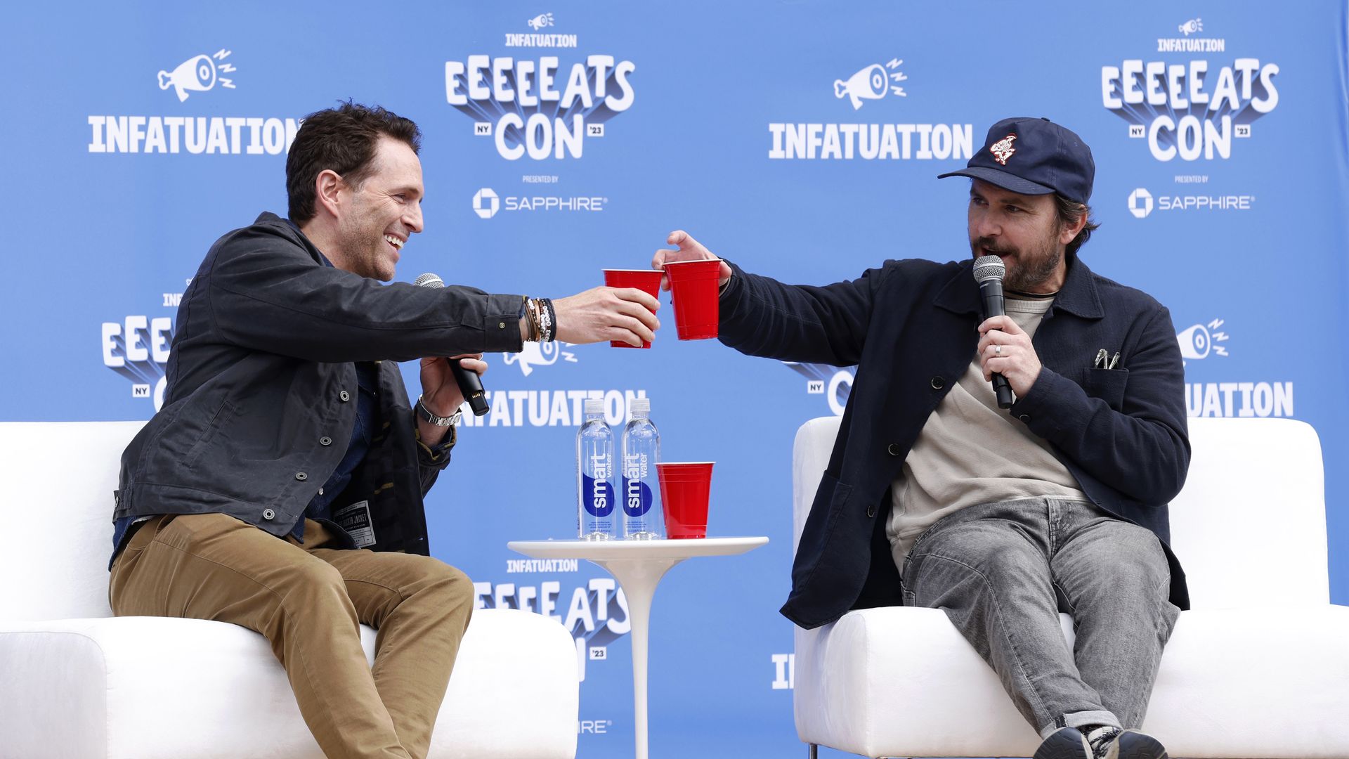 "Always Sunny" stars Glenn Howerton and Charlie Day clink red cups at EEEEEATSCON New York.
