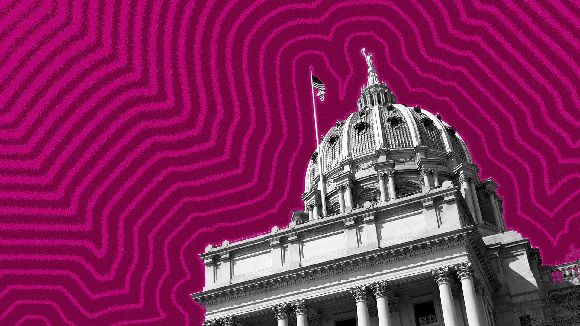 Illustration of Pennsylvania State Capitol building with lines radiating from it.