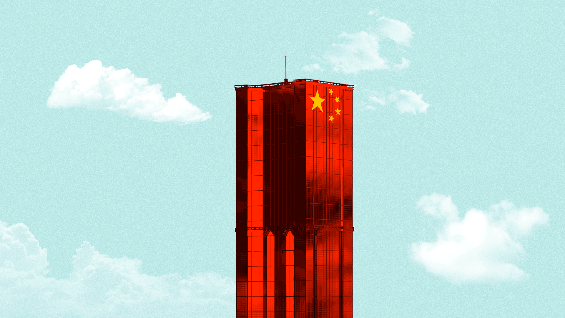 Animated illustration of a super tall skyscraper with the Chinese star elements on the side. 