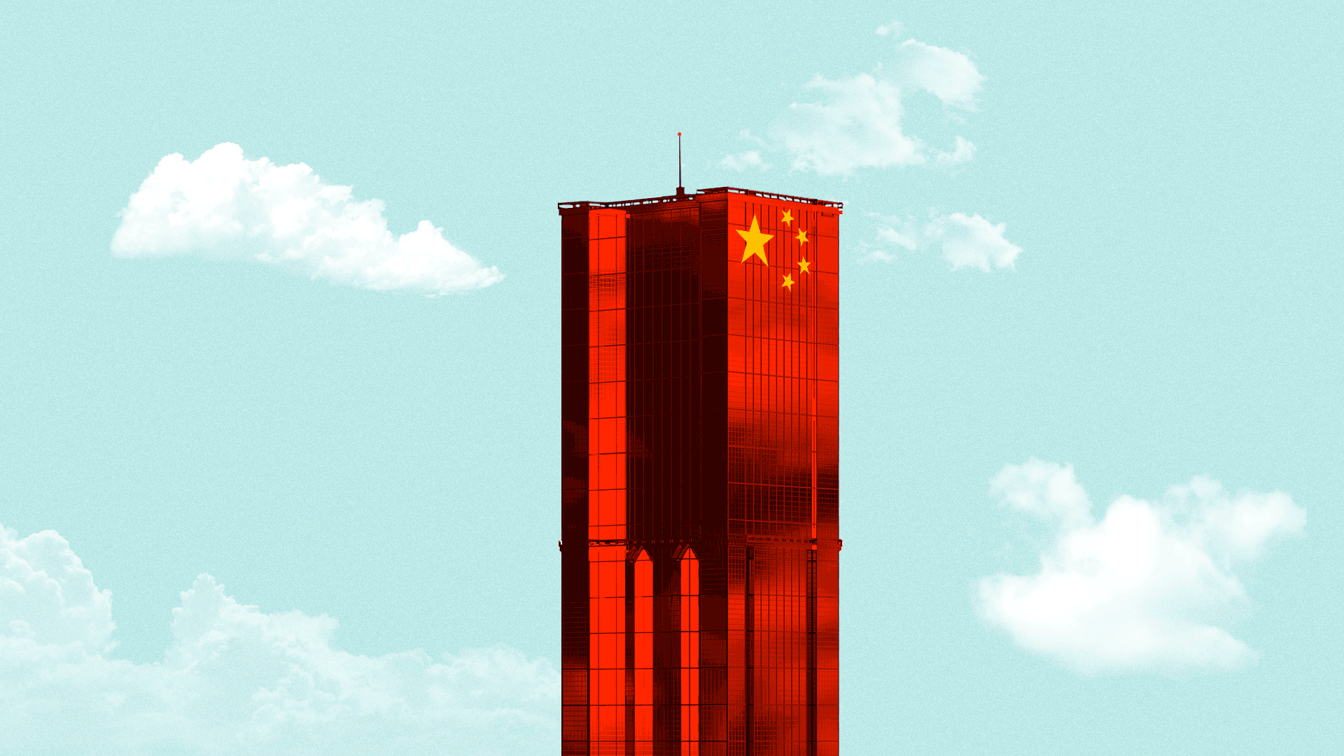 Animated illustration of a super tall skyscraper with the Chinese star elements on the side.