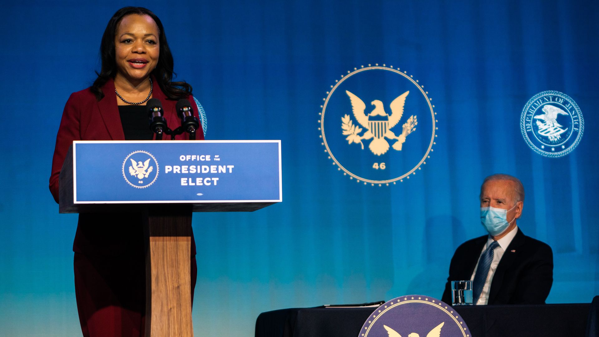 Kristen Clarke speaks during the announcing of President-Elect Joe Biden and Vice President-Elect Kamala Harris Justice Department nominees.