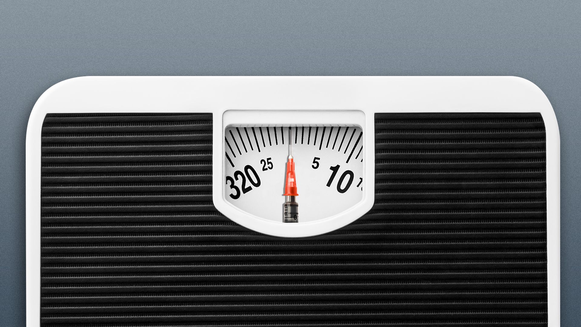 Illustration of a bathroom scale with a syringe as the indicator in the scale's window. 