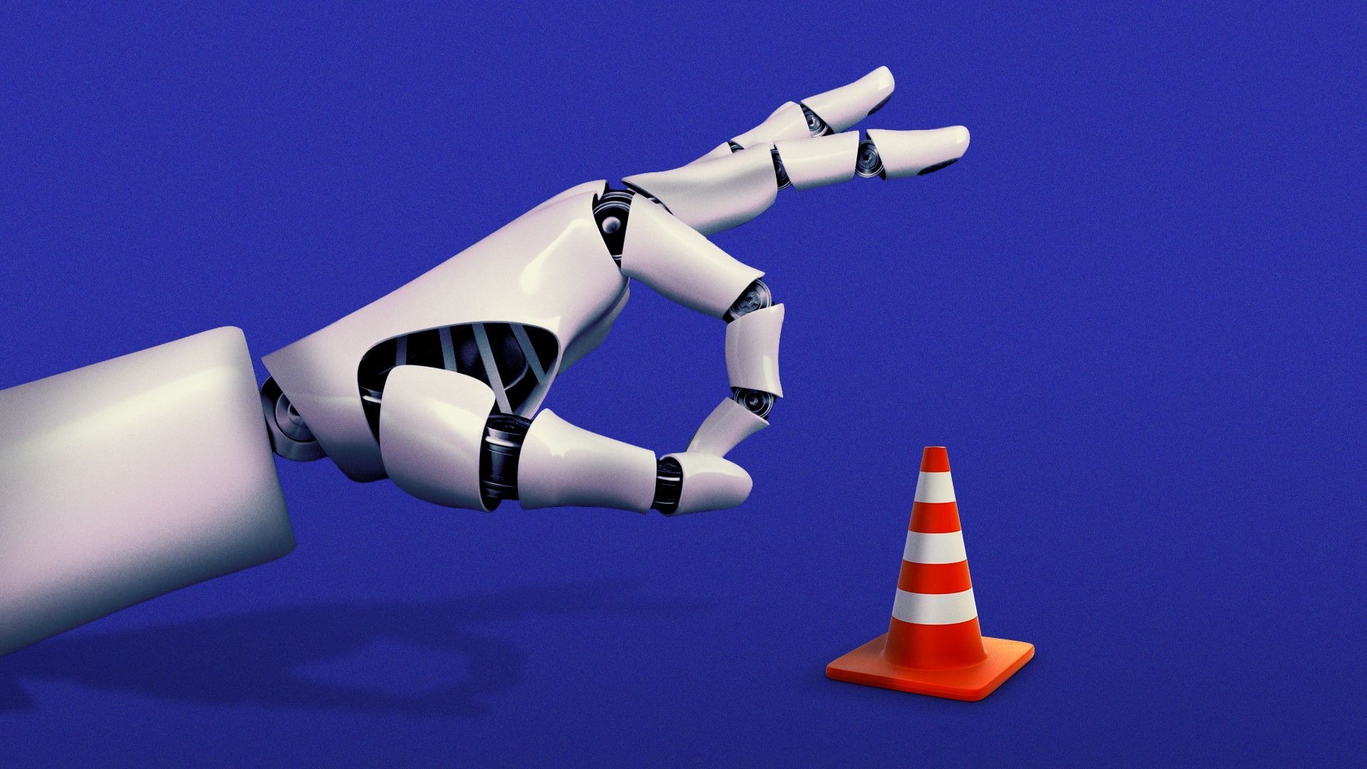 Illustration of a robot hand about to flick a safety cone.