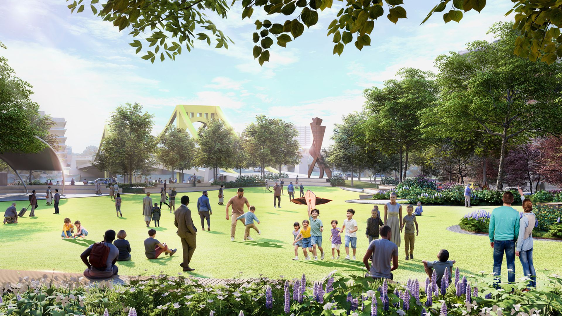 A rendering of the great lawn in summer at the new Arts Landing park in Downtown Pittsburgh