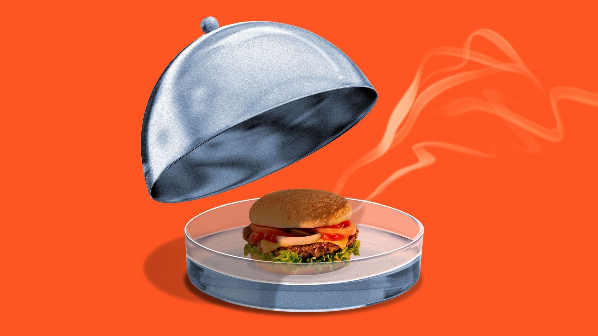 Illustration of a silver tray cover opening to reveal a petri dish with a cheeseburger inside